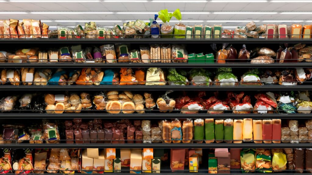 Produtos alimentícios embalados, destacando a relação entre embalagem e vida de prateleira.